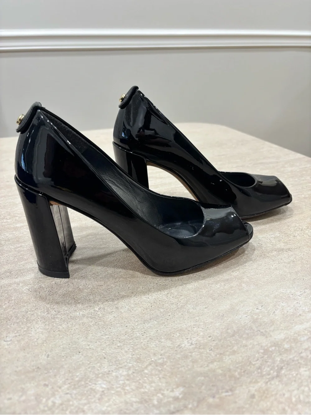 Stuart Weitzman Black Patent Leather Peep-Toe  Pumps